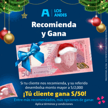 an advertisement for los andes shows a 50 cent bill with a santa hat on