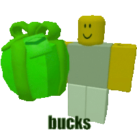 a roblox character is standing next to a green gift box with the word bucks on it