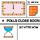 an illustration of a clock an hourglass and a checklist that says " polls close s "