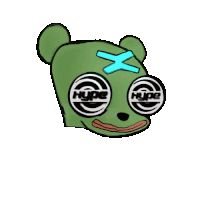 a drawing of a green bear with a blue cross on its forehead and the word hype on his eyes