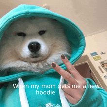 a dog is wearing a blue hoodie and giving a peace sign .