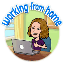 a cartoon of a woman sitting at a desk with a laptop and the words " working from home " above her