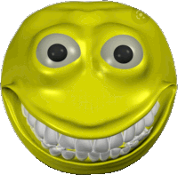 a yellow smiley face with big eyes and white teeth on a white background