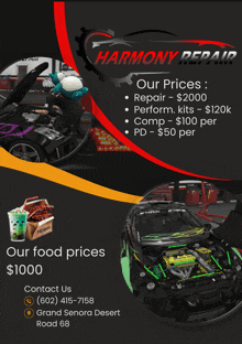 an advertisement for harmony repairs shows a car and a motorcycle