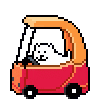 a pixel art illustration of a dog driving a red toy car .