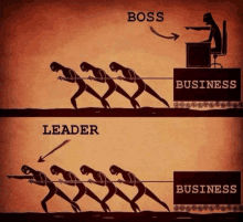 a cartoon of a boss and a leader pulling a rope