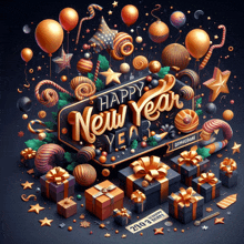 a greeting card that says happy new year surrounded by gifts and balloons