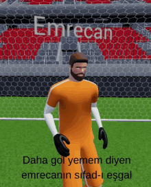 a soccer player is standing in front of a goal with the word emrecan on it