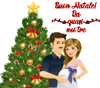 a man and a woman standing in front of a christmas tree with the words buon natale da quasi noi tre