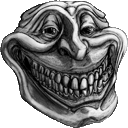 a black and white drawing of a troll face with a huge smile .