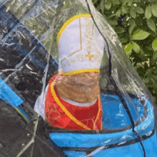 a cat wearing a bishop 's hat is sitting in a stroller covered in plastic