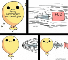 a cartoon of a yellow balloon being shot by a bullet with the words pesky community and developer written on it .