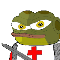 a cartoon frog holding a sword with a red cross on his shirt