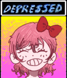 a drawing of a girl with a red bow on her head and the word depressed behind her