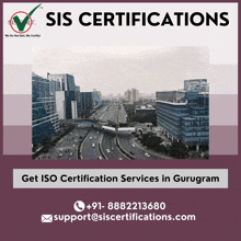 an advertisement for sis certifications shows a highway and buildings