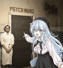 a nurse stands in front of a door that says psycho ward