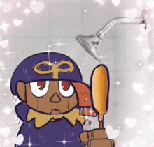 a cartoon character is taking a shower and holding an ice cream bar