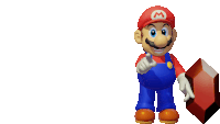 a mario character holding a red block with a m on his hat