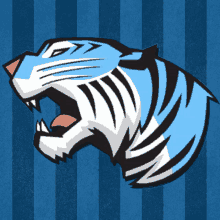 a blue and white tiger with its mouth open on a blue and white striped background