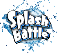 a logo for splash battle with a splash of water in the background