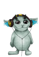 a drawing of a monster wearing headphones with horns