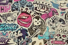 a bunch of stickers on a wall that are related to punk .