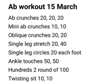 a list of exercises for an ab workout on march 15th .