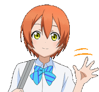 a girl with red hair and a blue bow tie is waving her hand