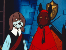 two cartoon dogs are standing next to each other and one has a red cape on