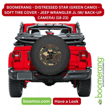 a red jeep with a green camo tire cover