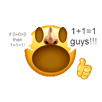 a smiley face with a nose and a speech bubble that says 1 + 1 = 1 guys