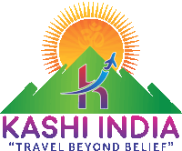 a logo for kashi india travel beyond belief with a mountain and sun