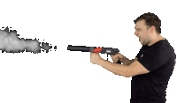 a man in a black shirt is holding a gun