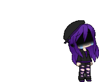 a girl with purple hair is crying and wearing a black hat and a black jacket .