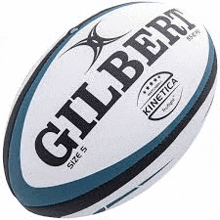 a gilbert kinetica rugby ball is white and blue and has a black stripe on the side .