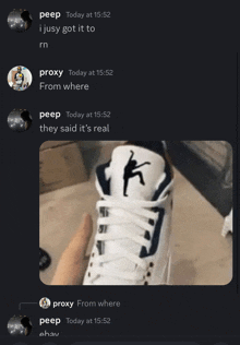 a screenshot of a conversation between peep and proxy shows a picture of a shoe