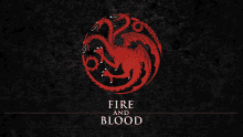 a black background with a red dragon and the words fire and blood below it