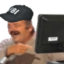 a man wearing a fbi hat is laughing in front of a computer screen .