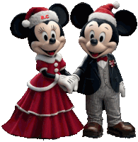 mickey mouse and minnie mouse holding hands with a.c. written on their hats