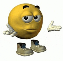 a yellow smiley face with arms and legs is wearing shoes and pointing .