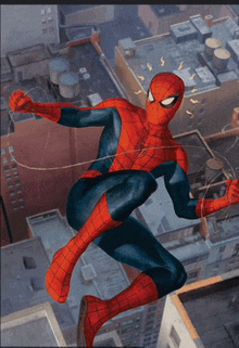 an illustration of spider-man jumping over a city