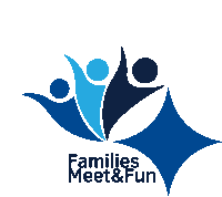 a logo for families meet & fun shows three people standing next to each other