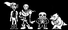 a group of skeletons are standing next to each other in a pixel art style .