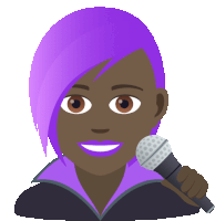 a woman with purple hair is holding a microphone in her hand