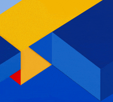 a blue and yellow background with a red triangle in the center