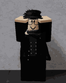 a cartoon character wearing a black hat and glasses is standing in front of a wall .