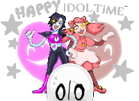 a pixel art drawing of two cartoon characters with the words happy idol time written above them