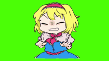 a cartoon drawing of a girl with yellow hair and a blue dress on a green screen