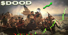 a painting of a group of people in a boat with a green arrow pointing up that says $ dood