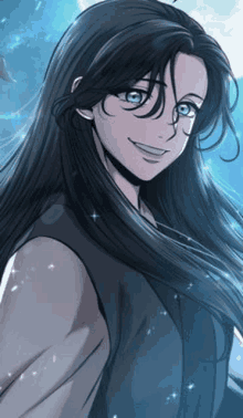 a girl with long black hair and blue eyes is smiling in front of a full moon .